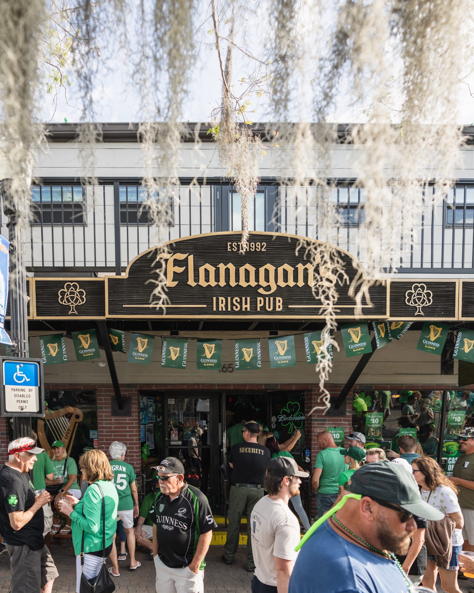Flanagan's Irish Pub storefront on Main Street during the St. Patrick's Day celebration