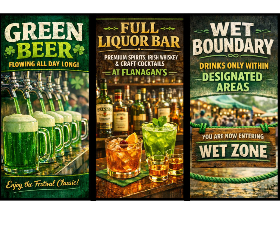 Three drink options: Green Beer flowing all day long, Full Liquor Bar with premium spirits and Irish whiskey at Flanagan's, and Wet Boundary showing designated drink areas only